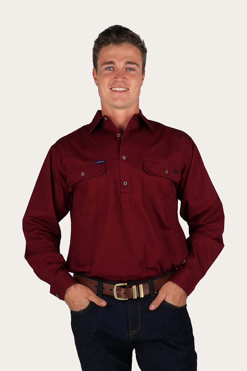 King River Half button Work Shirt Burgundy Ringers Western Yandina